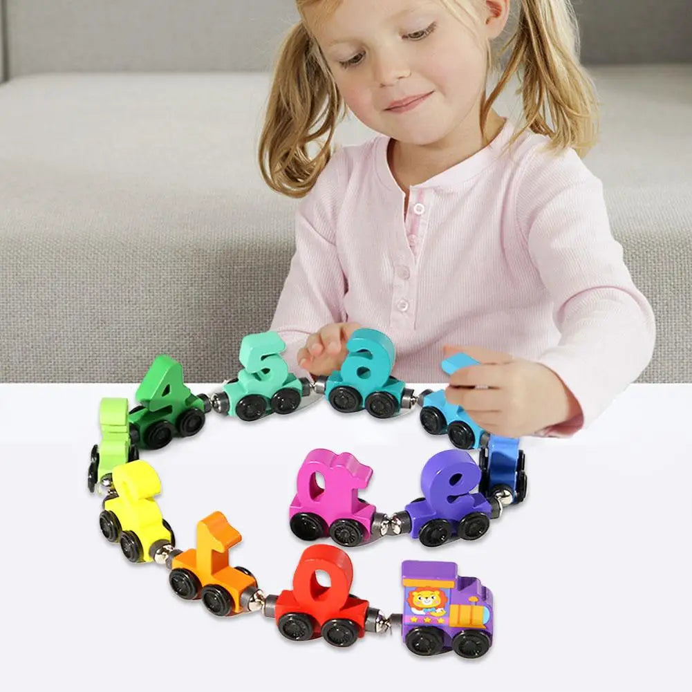 A wooden magnetic number train set featuring colorful numbered cars for toddlers.