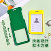A green retractable ID badge holder is shown next to a yellow plastic card holder, with text indicating how to open the holde