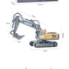 A yellow YIGONG remote control construction excavator truck for kids shown in various sizes and components.
