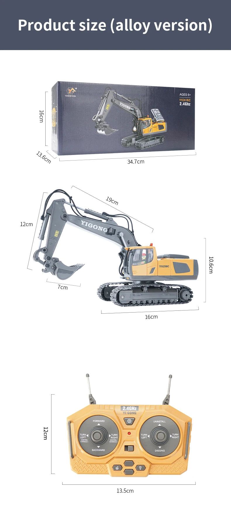 A yellow YIGONG remote control construction excavator truck for kids shown in various sizes and components.