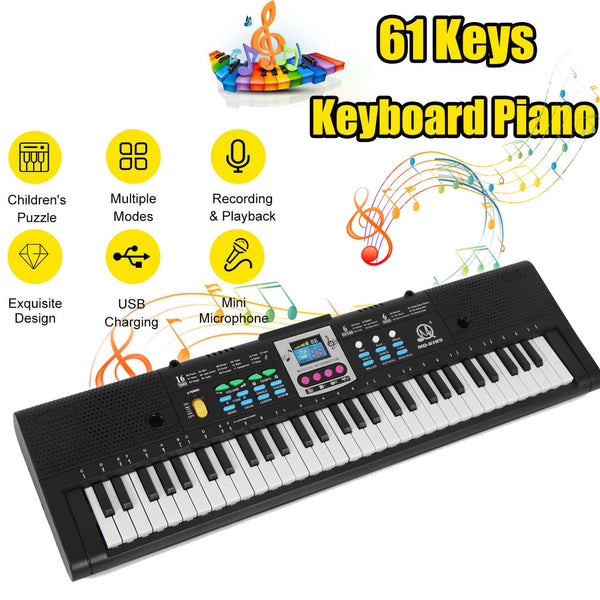 A black 61-key digital electronic keyboard piano with various recording and playback features.