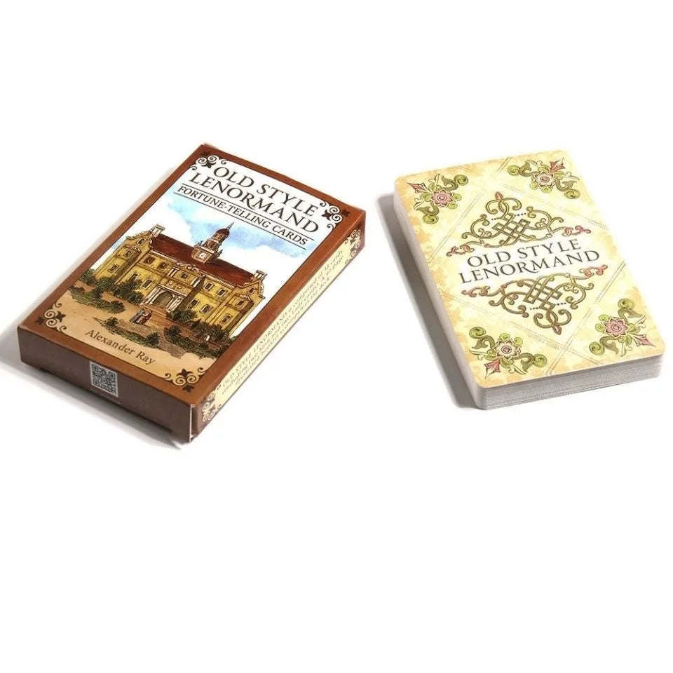 A box of Old Style Lenormand Fortune-Telling Cards featuring an illustration of a house.