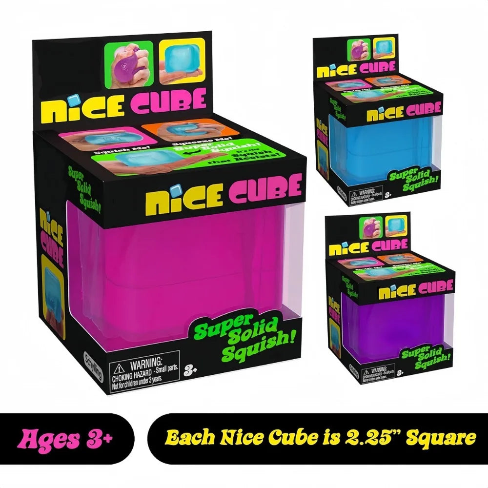 A set of three Nice Cube squishy toys in pink, blue, and purple colors packaged in boxes.