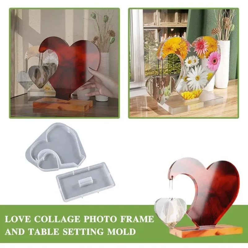 Set of three resin heart photo frame and table setting molds for DIY craft gifts