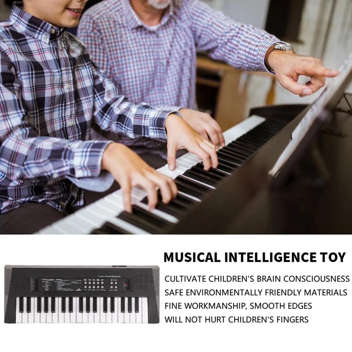 A child plays a portable electric keyboard piano with a microphone, demonstrating musical intelligence toy features.