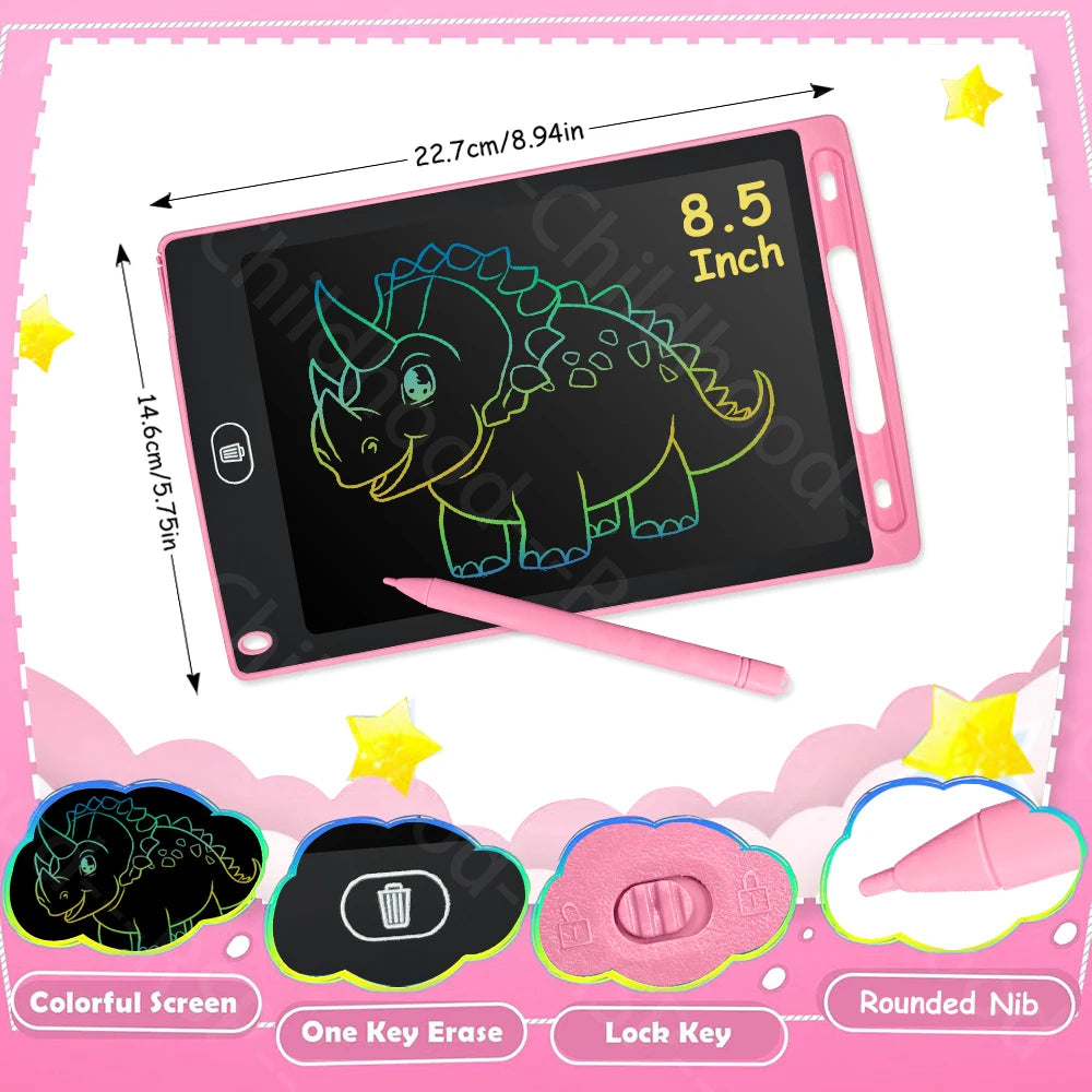 A pink LCD writing tablet with a dinosaur theme and accessories like a pink stylus and eraser.