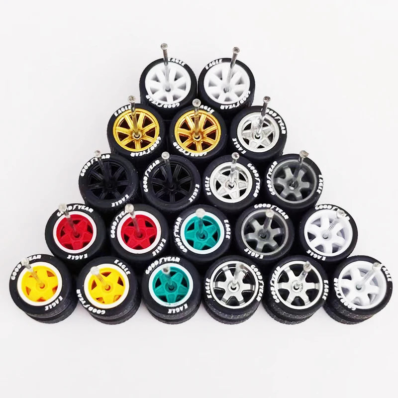 1/64 Scale Alloy Car Wheels with Rubber Tires - 10 Sets