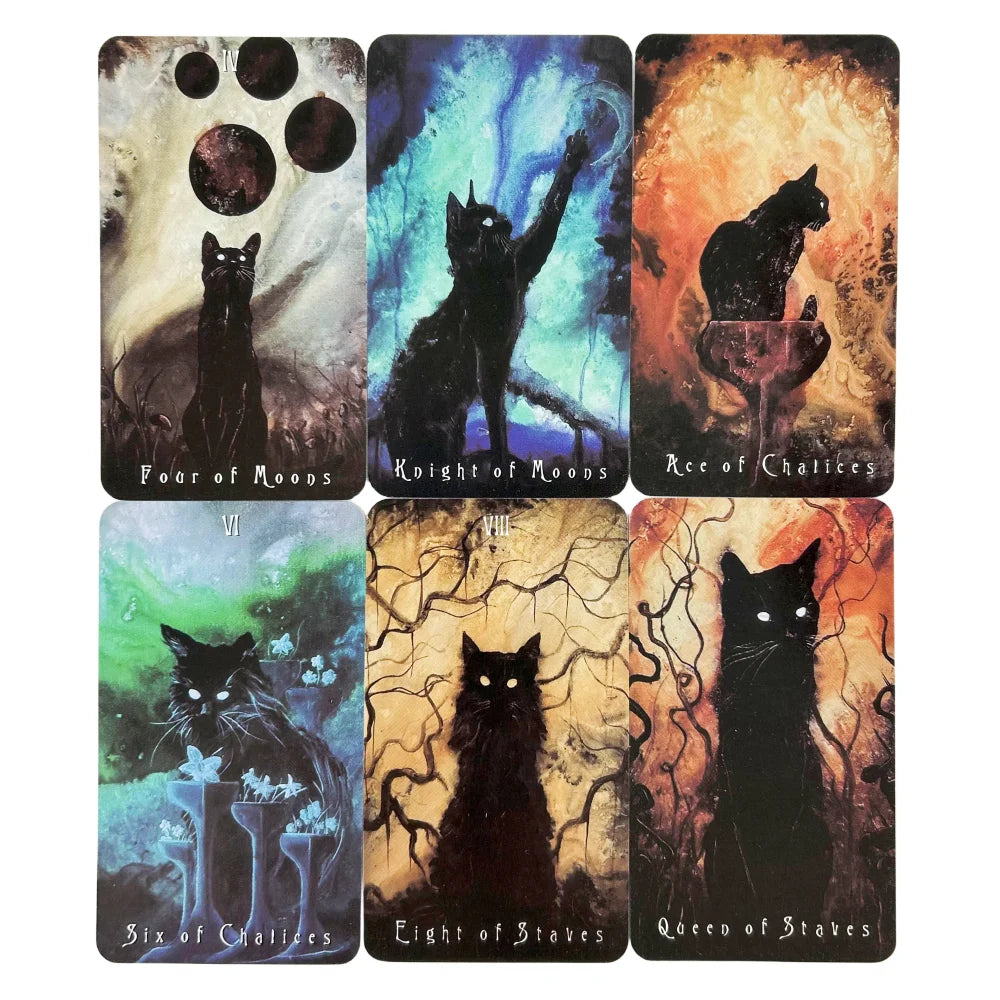 A collection of nine tarot cards featuring cats and various mystical themes like Moons, Chalices, and Staves.
