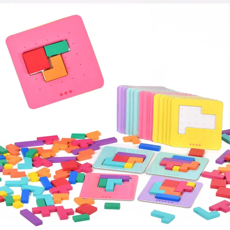 A pink wooden tangram puzzle game with colored pieces scattered on a white surface.