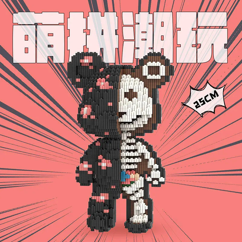 A digital rendering of a bear figure made from building blocks, featuring pink and black elements.