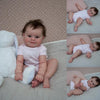 A close-up photo of a lifelike reborn baby doll named Maddie, showing multiple angles of the soft body newborn with detailed 