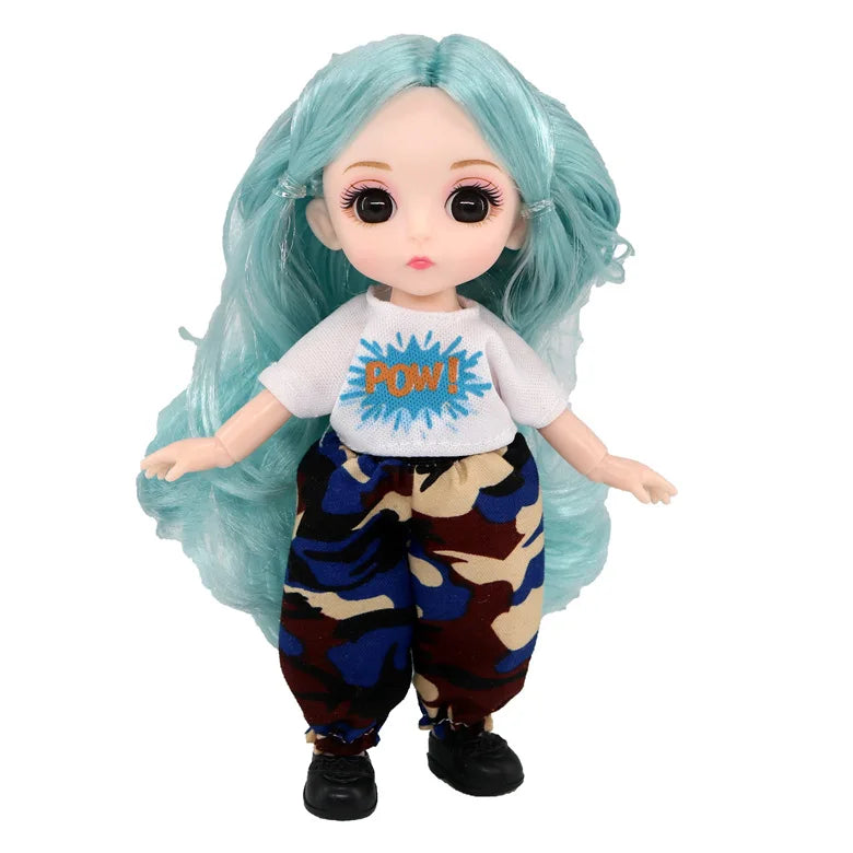 A light blue-haired articulated BJD princess doll wearing a white shirt with a blue explosion design and camouflage pants.