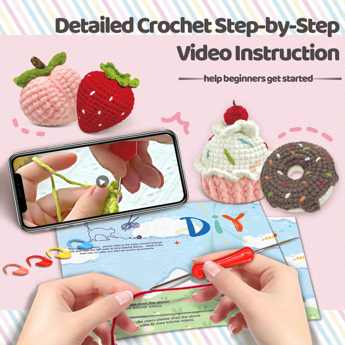 A detailed crochet step-by-step video instruction featuring a beginner crochet needle kit with a sweet point theme and finish