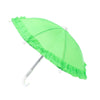 A bright lime green umbrella with a lace trim and a white handle.