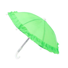 A bright lime green umbrella with a lace trim and a white handle.