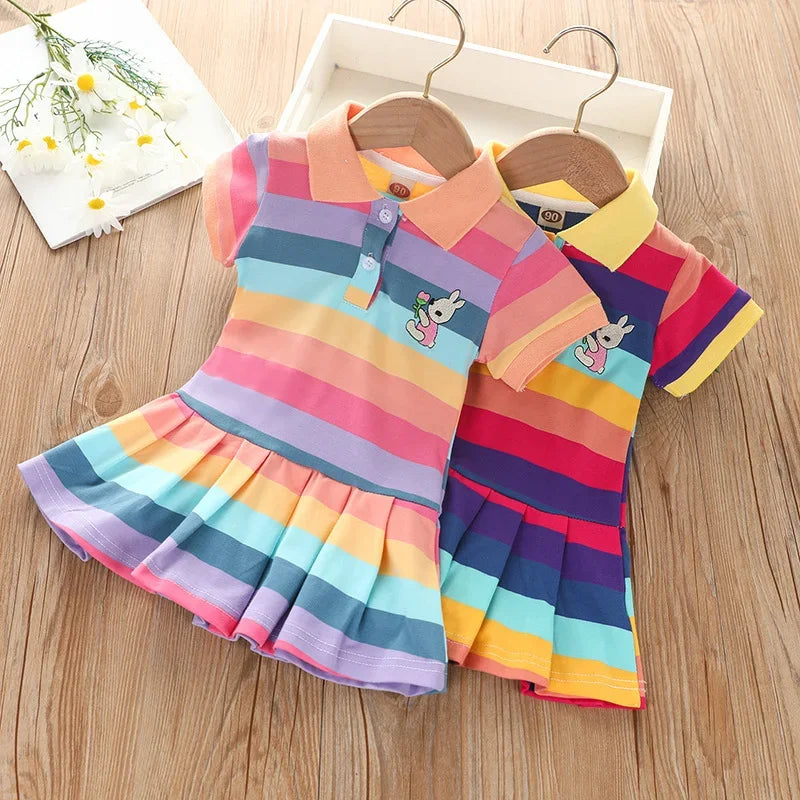 A colorful kids summer dress featuring rainbow stripes and rabbit embroidery displayed on a wooden hanger.