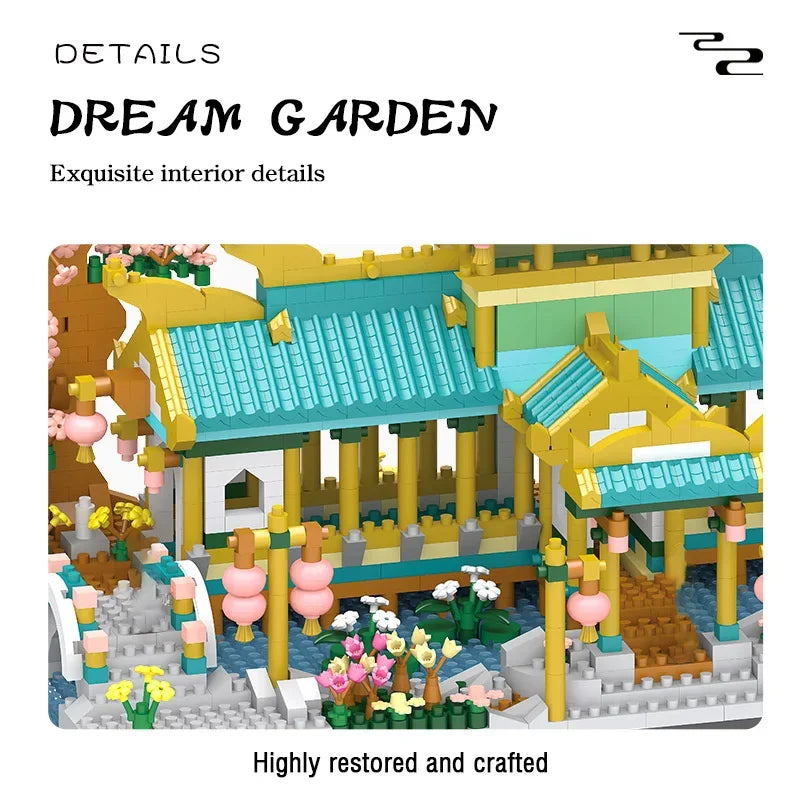 A detailed model of a dream garden featuring a Chinese villa, courtyard, and landscaping built with micro building blocks.