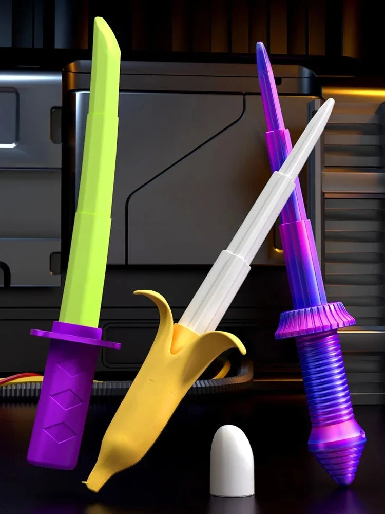 A set of three colorful plastic katana-style toys, including a lime green and yellow blade, purple and white blades, and a wh