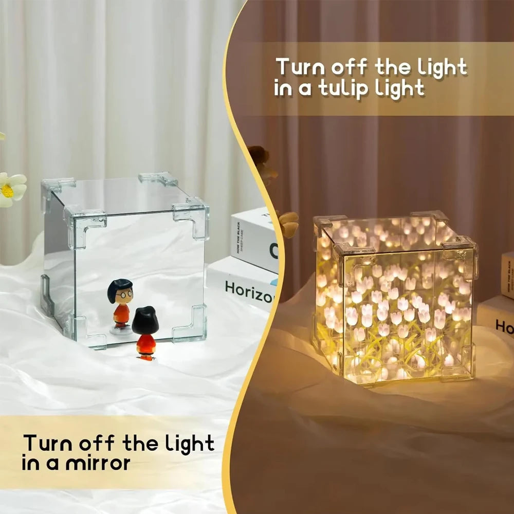 A DIY tulip flower cube night light craft kit showing a clear cube with glowing flowers and a mirror for turning off the ligh