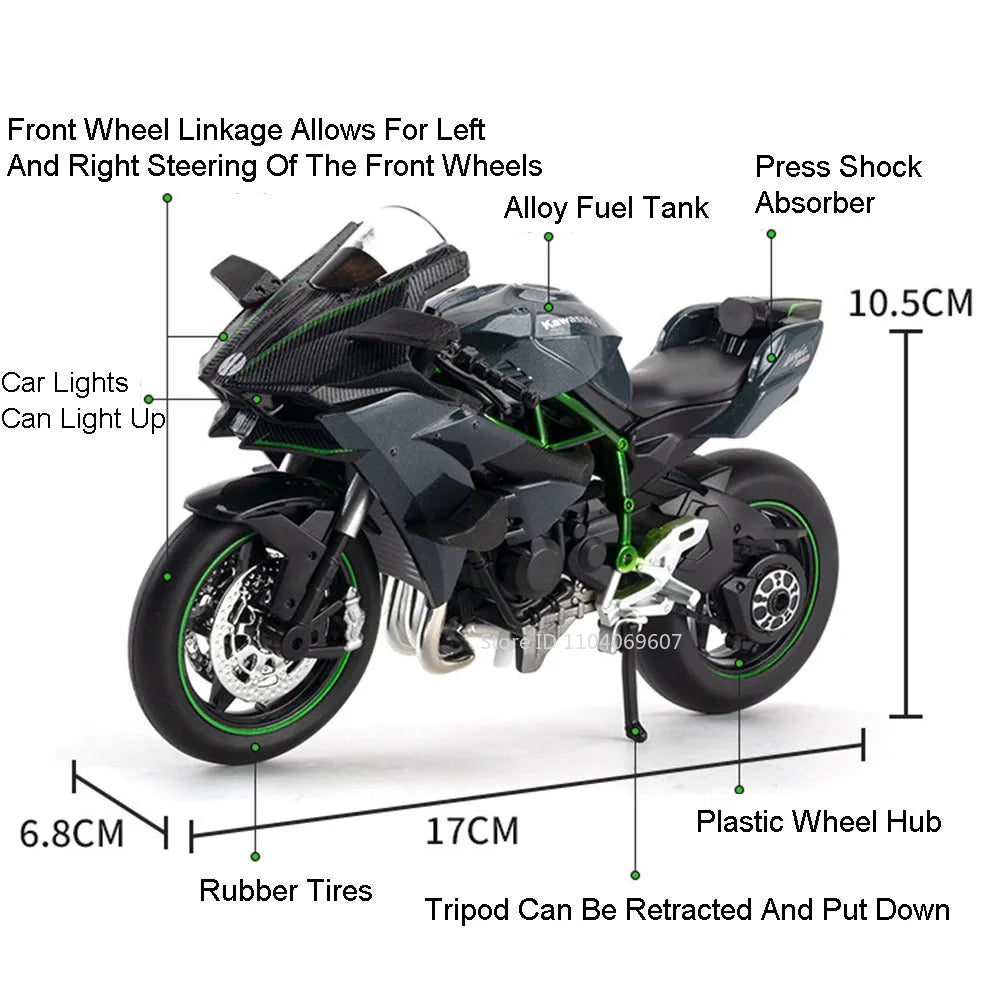 A black 1:12 scale diecast sport motorcycle model with features like alloy fuel tank and shock absorber.