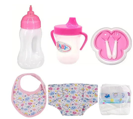 A set of pink and white doll feeding accessories including a bottle, cup, and silicone spoons.