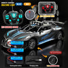 A black and blue R/C racing car with a removable top, battery, and charging cable shown in various angles.