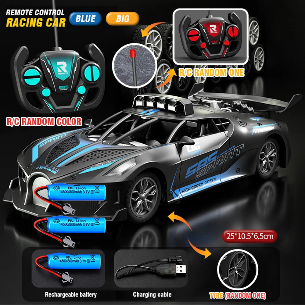 A black and blue R/C racing car with a removable top, battery, and charging cable shown in various angles.