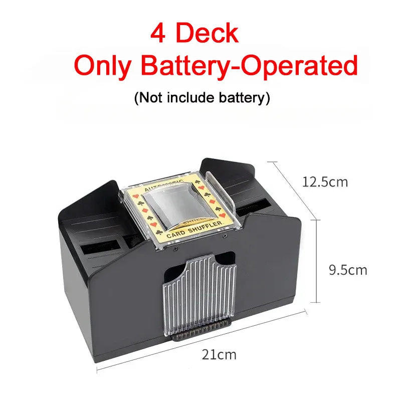 A black automatic card shuffler device with a clear card holder and a ribbed bottom, shown from the side.