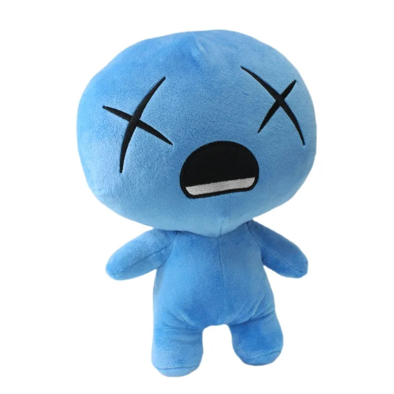 A blue collectible plush toy with black X-shaped eyes and a surprised expression.