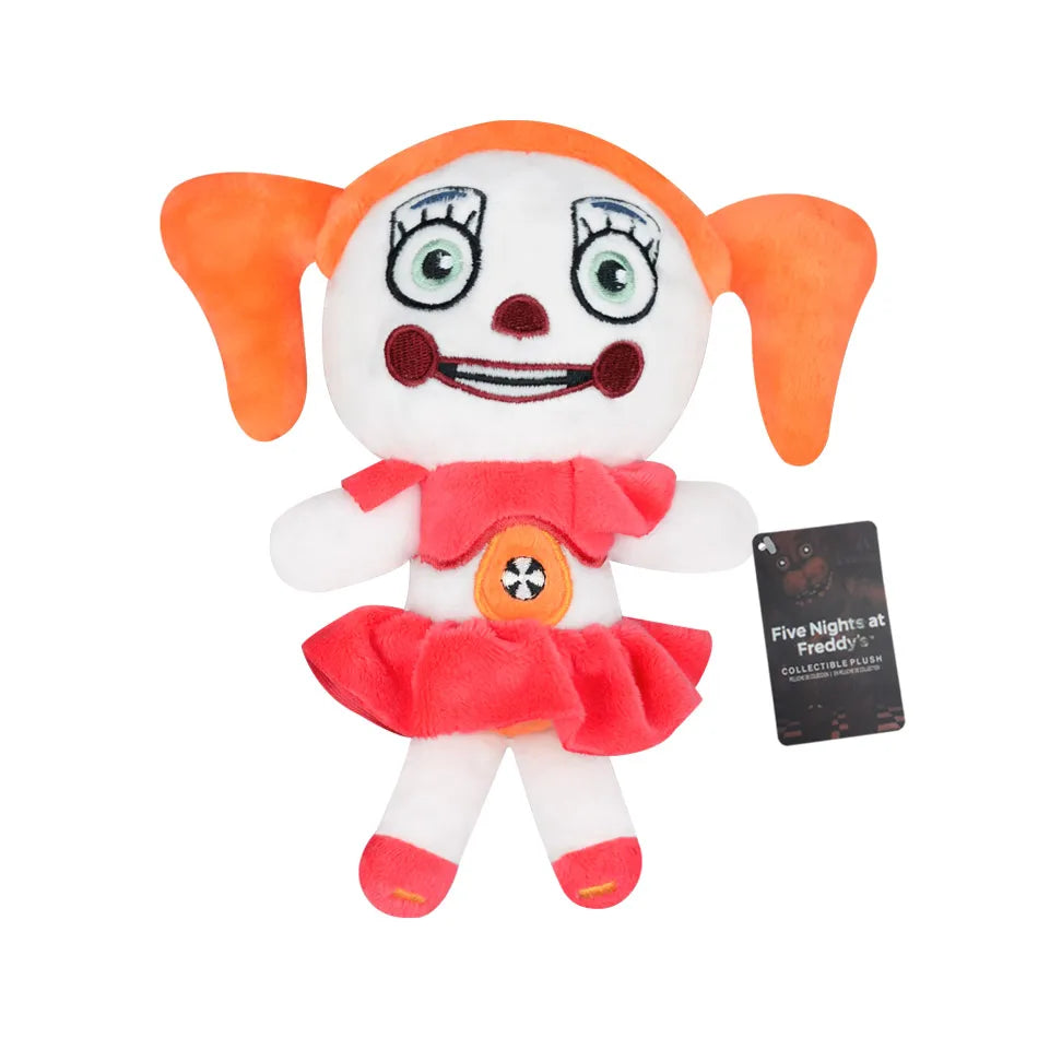 A plush toy resembling a character from Five Nights at Freddy's featuring orange ears and a red outfit.