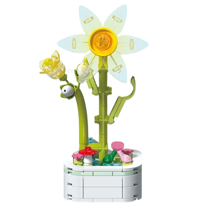 A set of rose flower building blocks featuring a yellow center and green petals, arranged in a bouquet.