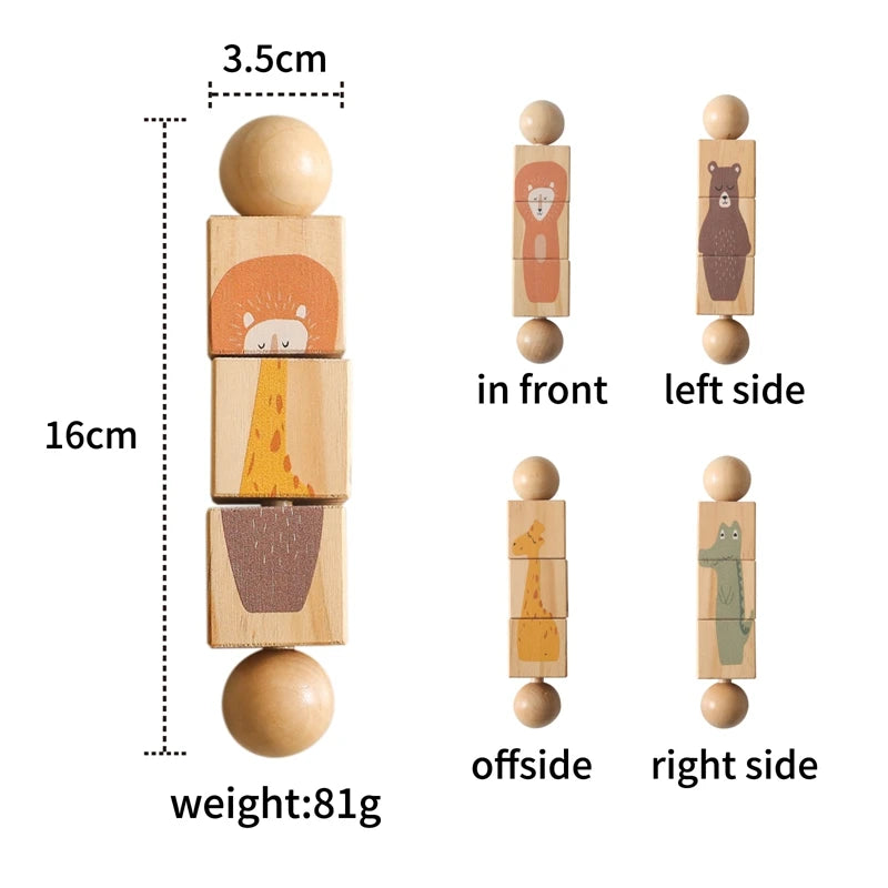 A wooden animal puzzle toy showing various animals like a lion, bear, and cat in different orientations.