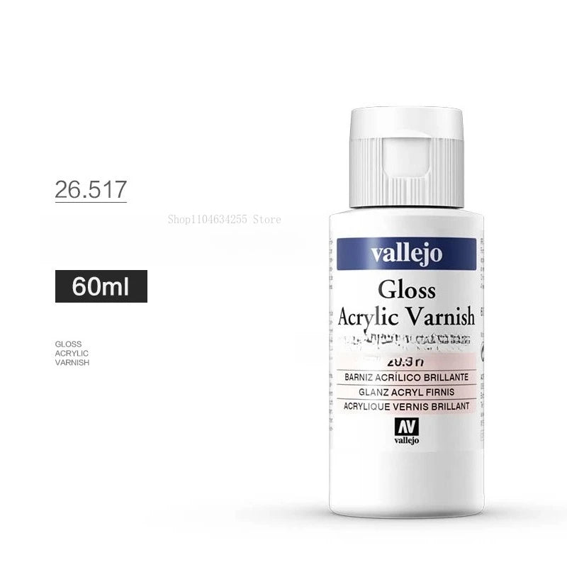 A white glass bottle of Vallejo Gloss Acrylic Varnish with a white cap and label.