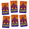 A set of five colorful Scout cards featuring a tent design and the word SCOUT for a party game