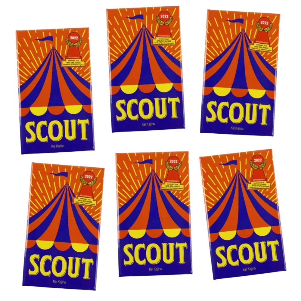 A set of five colorful Scout cards featuring a tent design and the word SCOUT for a party game