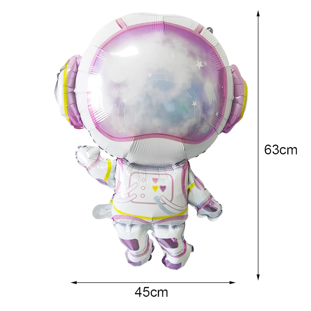 A white foil balloon shaped like a pilot or aviator, decorated with purple accents and stars.