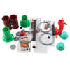 A beginner magic kit for kids showing various props like colored tubes, a wand, and cards with instructions.