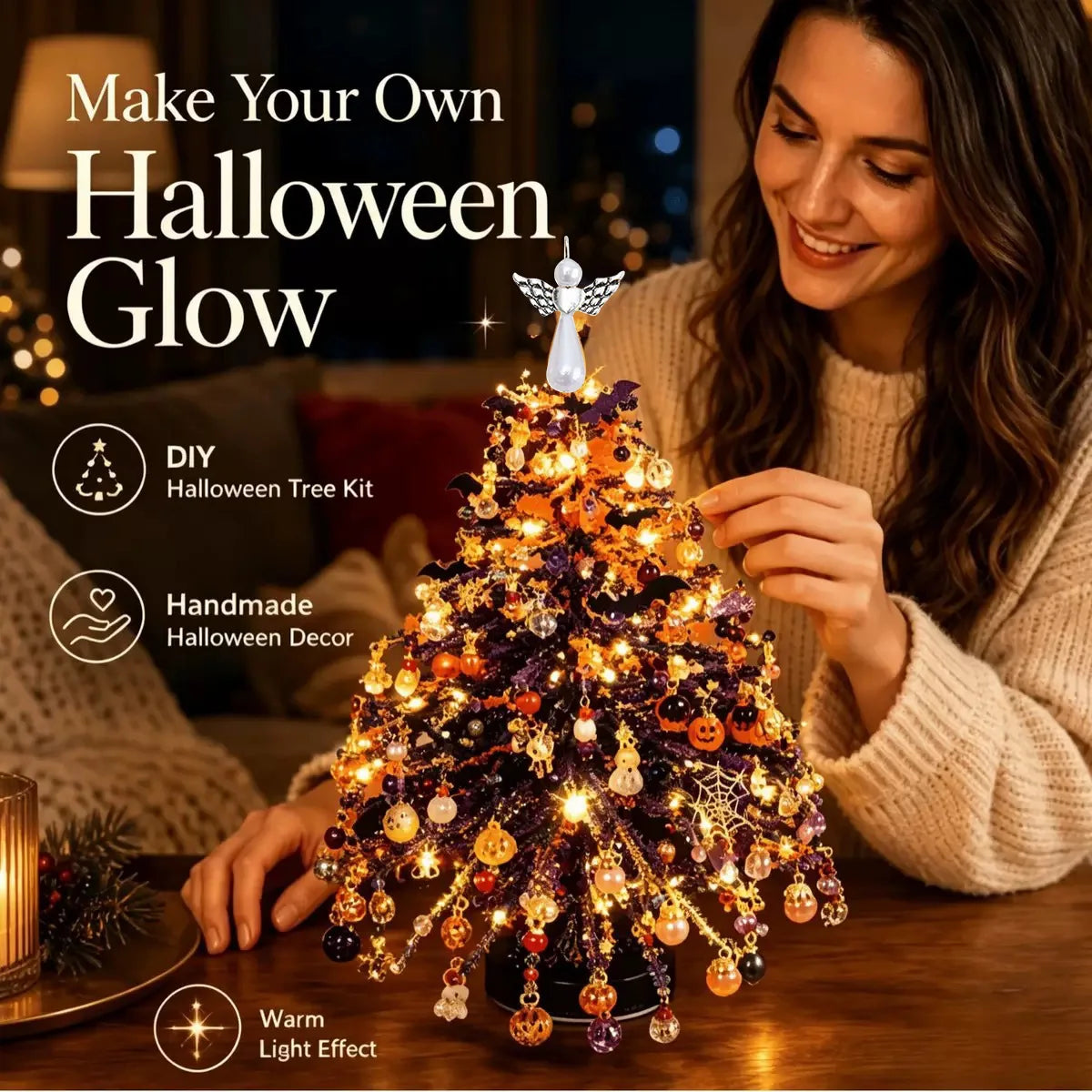 A woman is decorating a glowing Halloween tree kit with colorful lights and ornaments.