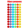 A grid of 60 colorful pom-poms in various shades of red, purple, blue, green, and yellow.