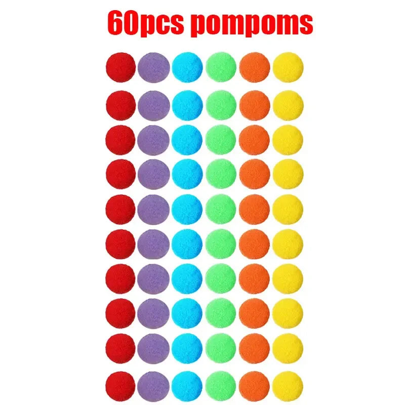 A grid of 60 colorful pom-poms in various shades of red, purple, blue, green, and yellow.