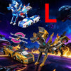 A set of two transforming dinosaur cars, one blue and one yellow, with magnetic connectors in a dark, cosmic setting.