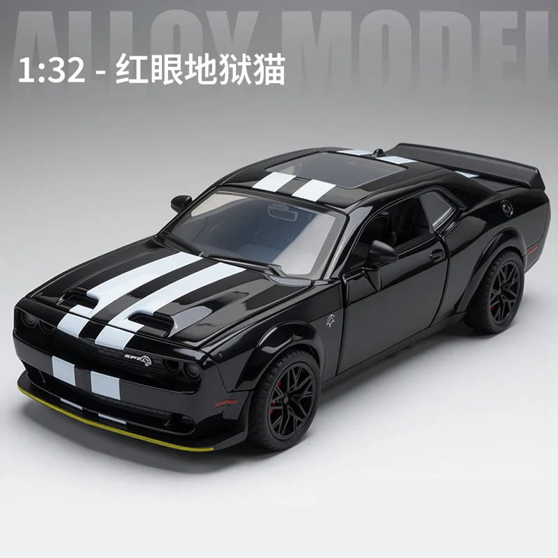 A black Dodge Challenger SRT Hellcat diecast model car with white racing stripes on a white background.