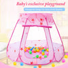 Pink hexagonal play tent with stars and colorful balls for a baby's exclusive playground