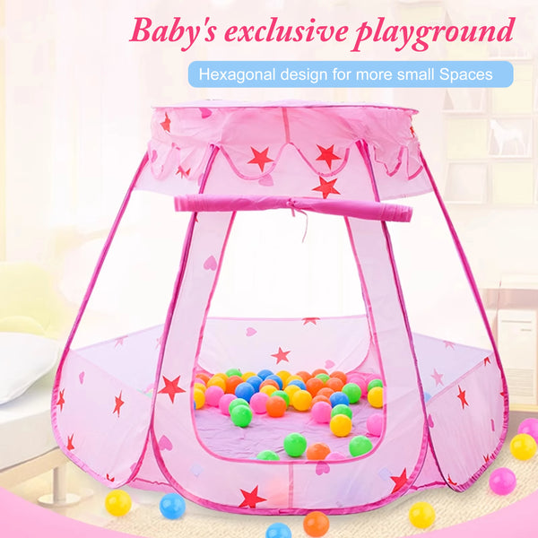 Pink hexagonal play tent with stars and colorful balls for a baby's exclusive playground