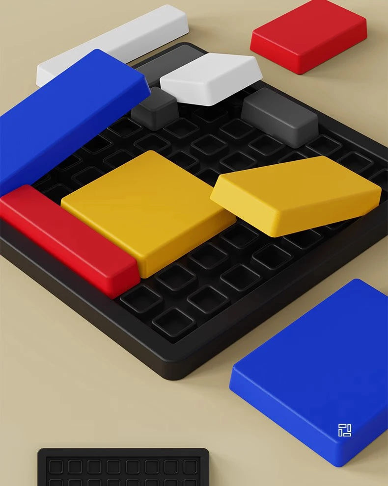 A set of colorful geometric puzzle pieces including red, yellow, blue, and gray shapes arranged on a black grid.