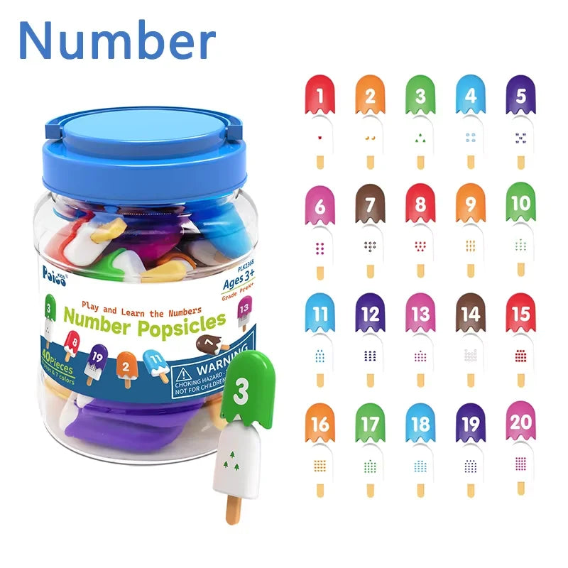A set of numbered plastic ice cream sorting toys for early learning, showing numbers 1 through 20.