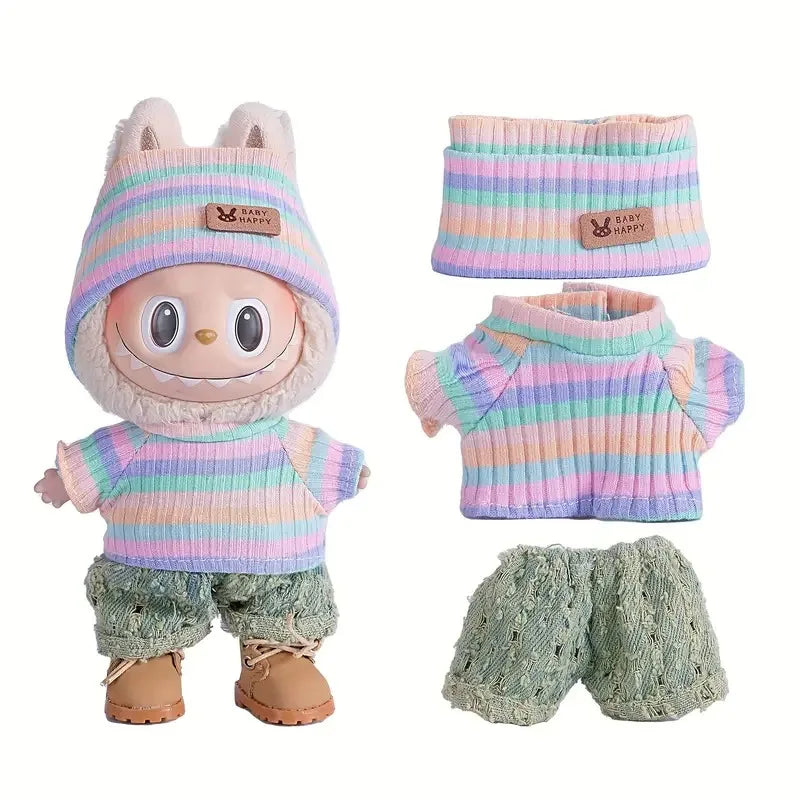 A doll outfit set featuring a pink and blue striped sweater and matching knitted pants.