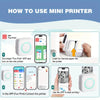 Instructions showing how to use a mini printer by downloading an app and connecting it to the device