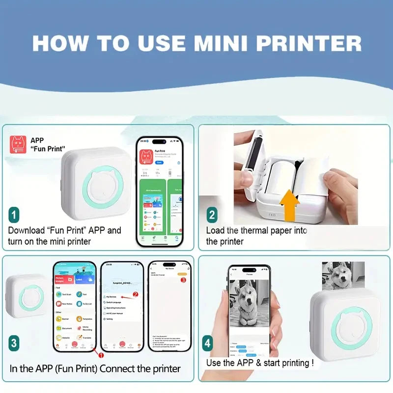 Instructions showing how to use a mini printer by downloading an app and connecting it to the device