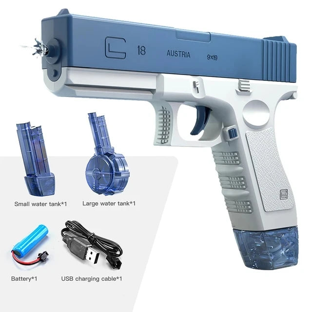 A light blue water blaster gun with a white grip and blue tank, along with a battery and USB charging cable.